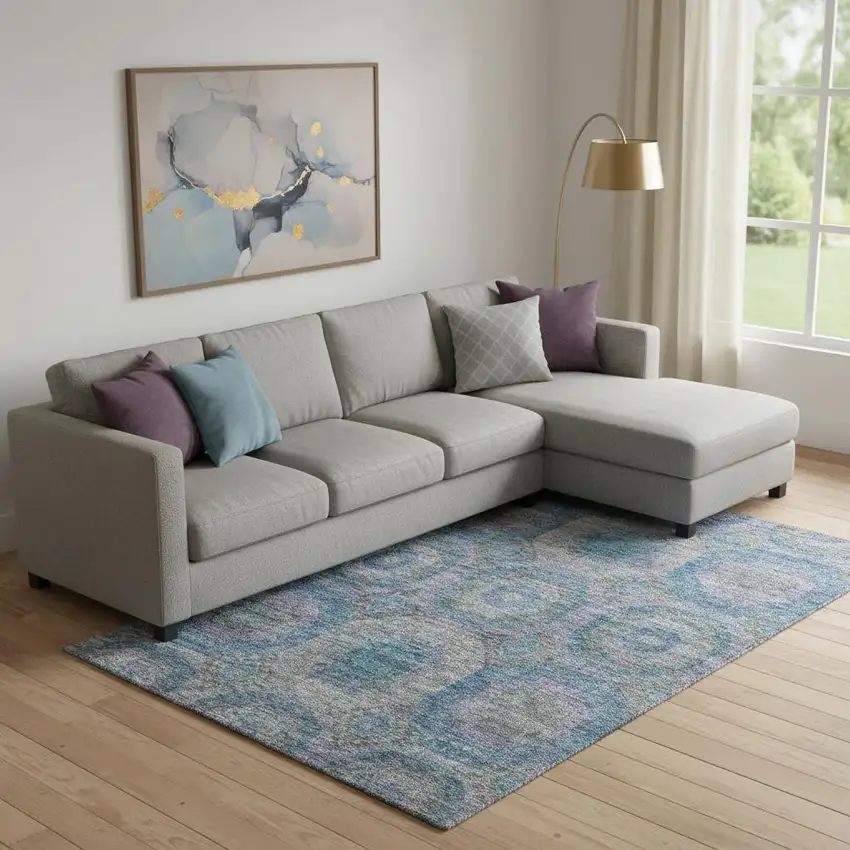 Blue Gray And Silver Geometric Washable Area Rug With UV Protection Photo 2