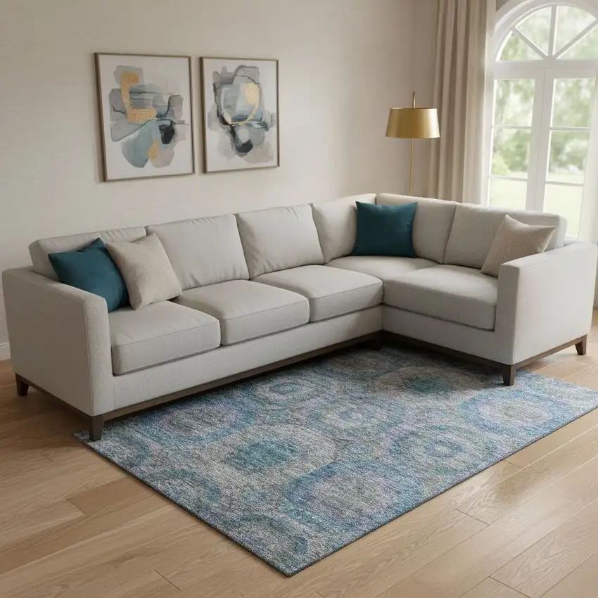 Blue Gray And Silver Geometric Washable Area Rug With UV Protection Photo 2