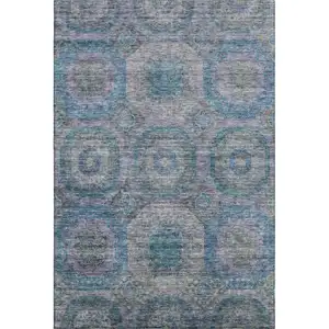 Photo of Blue Gray And Silver Geometric Washable Area Rug With UV Protection