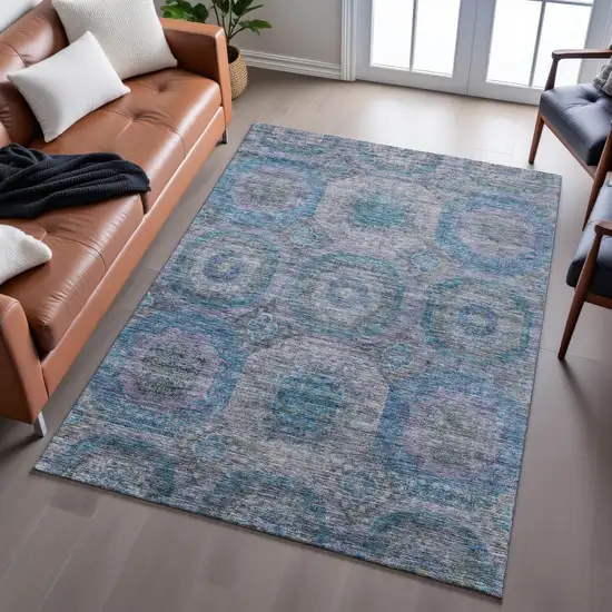 Blue Gray And Silver Geometric Washable Area Rug With UV Protection Photo 5