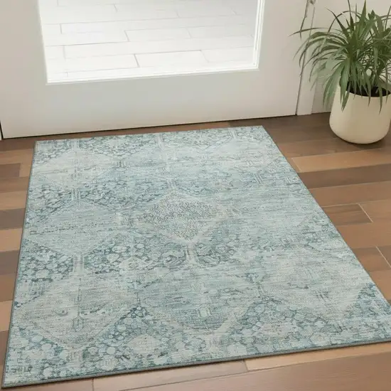 Blue Gray And Silver Geometric Washable Area Rug With UV Protection Photo 2