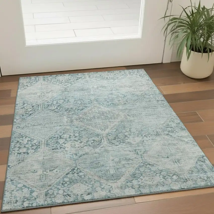 Blue Gray And Silver Geometric Washable Area Rug With UV Protection Photo 2