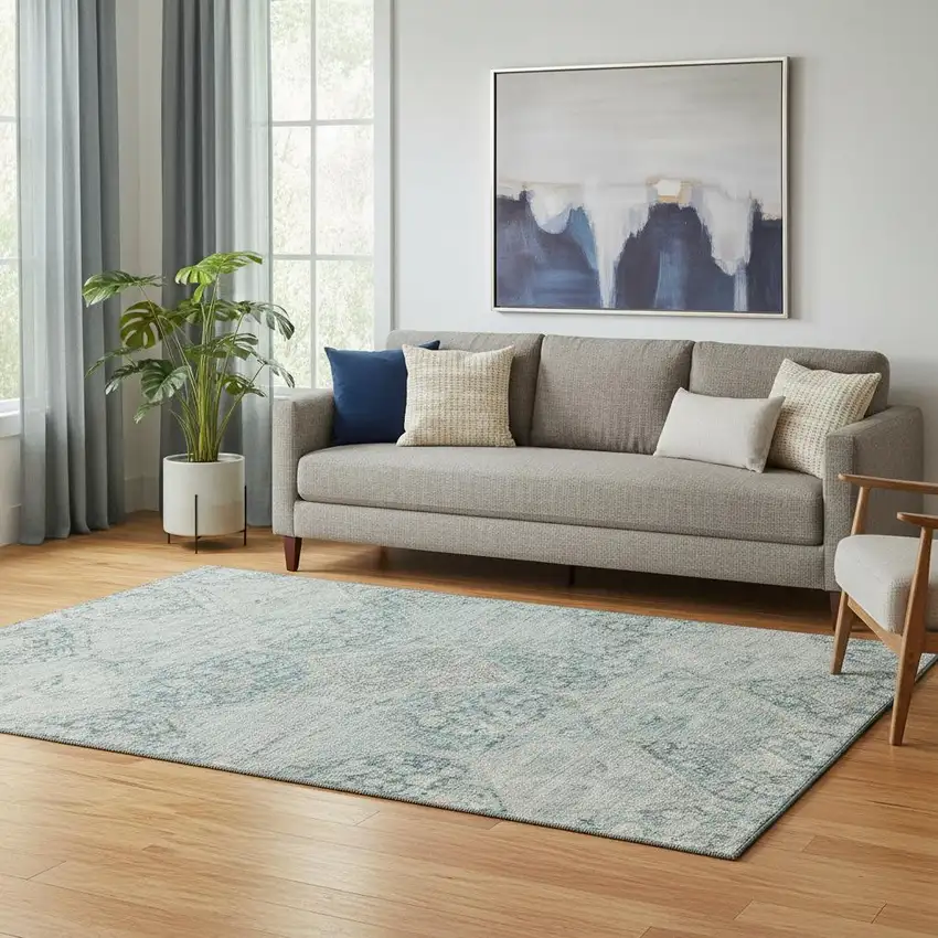 Blue Gray And Silver Geometric Washable Area Rug With UV Protection Photo 2