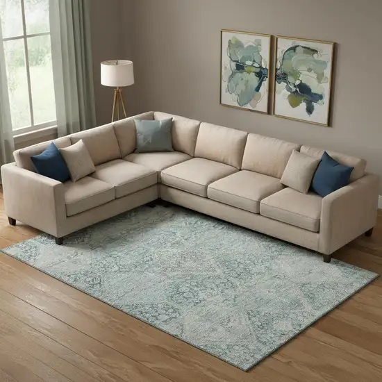 Blue Gray And Silver Geometric Washable Area Rug With UV Protection Photo 2