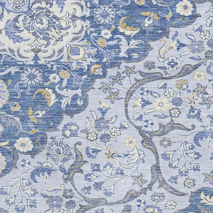 Blue Gray And Silver Medallion Washable Area Rug With UV Protection Photo 2