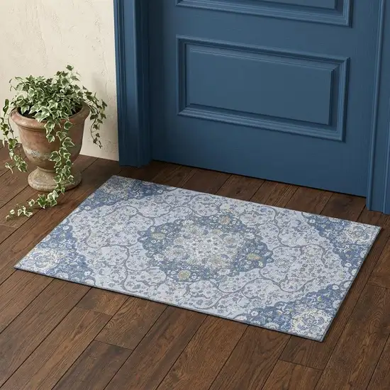 Blue Gray And Silver Medallion Washable Area Rug With UV Protection Photo 1