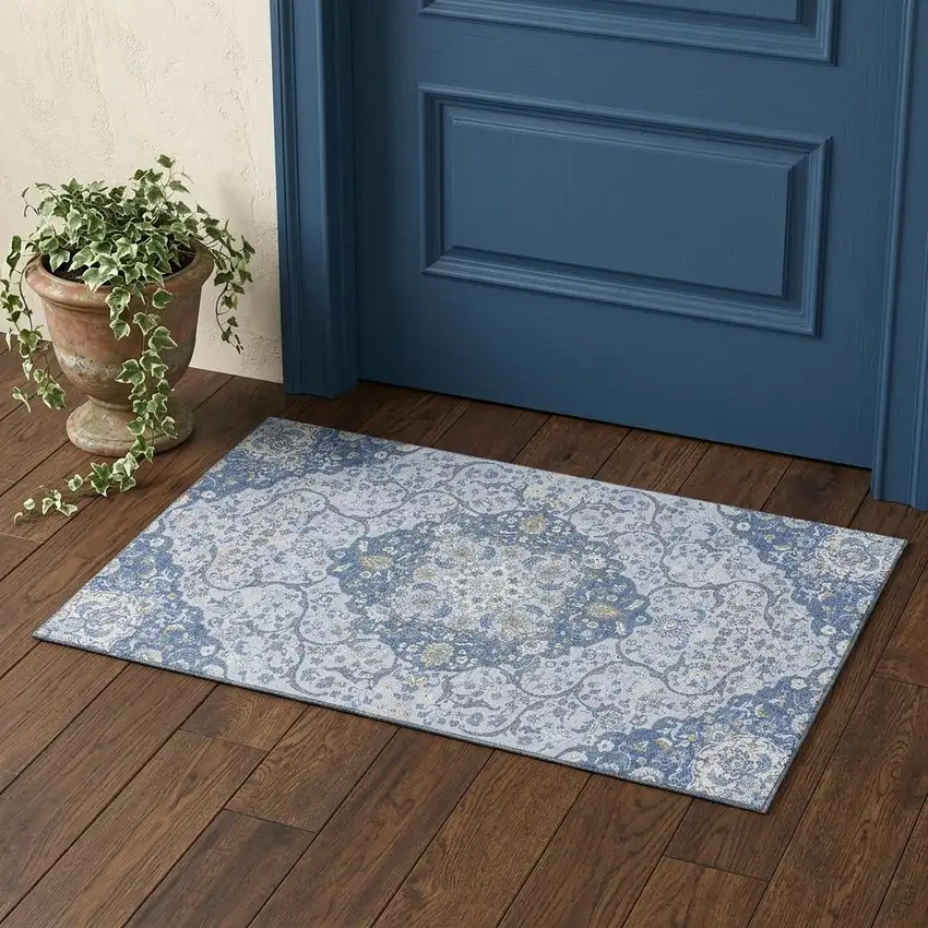 Blue Gray And Silver Medallion Washable Area Rug With UV Protection Photo 1