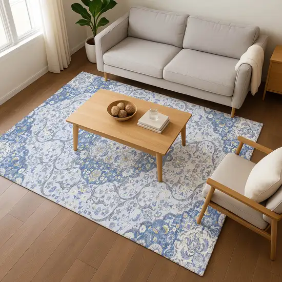 Blue Gray And Silver Medallion Washable Area Rug With UV Protection Photo 5