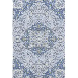 Photo of Blue Gray And Silver Medallion Washable Area Rug With UV Protection