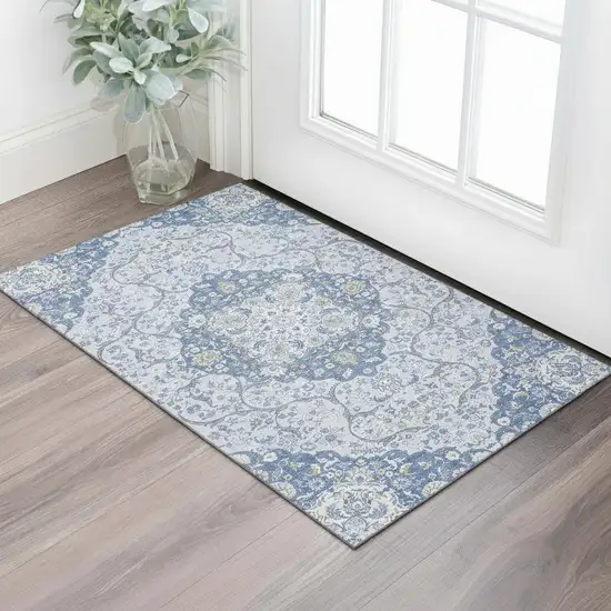 Blue Gray And Silver Medallion Washable Area Rug With UV Protection Photo 2
