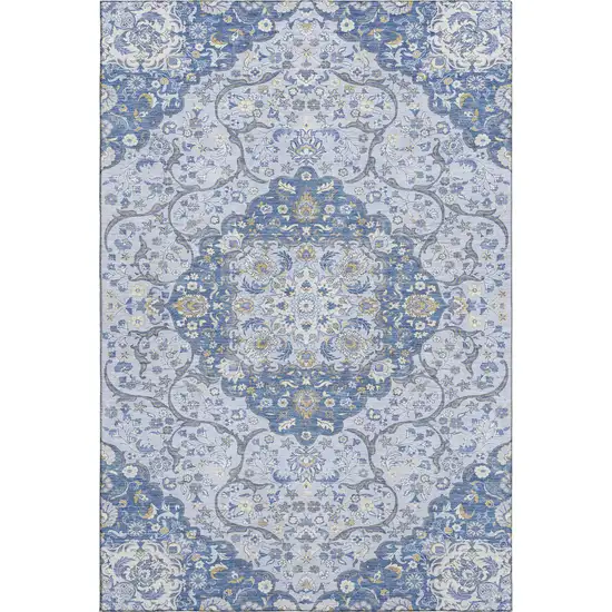 Blue Gray And Silver Medallion Washable Area Rug With UV Protection Photo 1