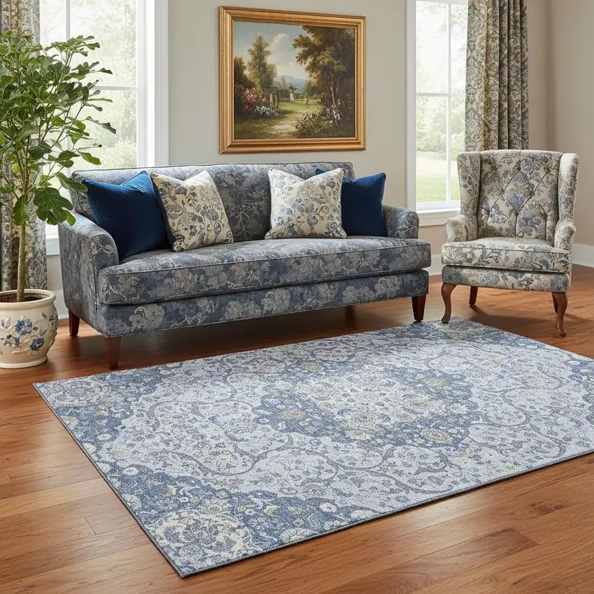 Blue Gray And Silver Medallion Washable Area Rug With UV Protection Photo 2