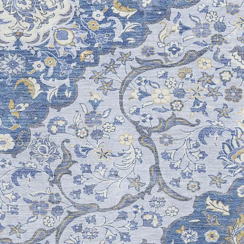 Blue Gray And Silver Medallion Washable Area Rug With UV Protection Photo 2