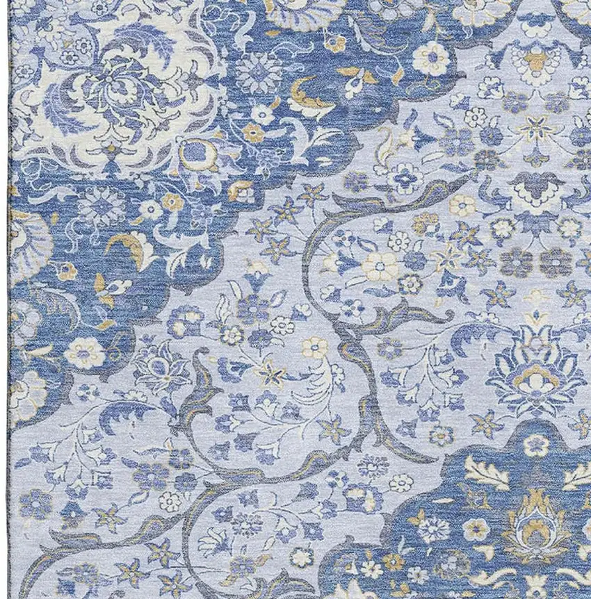 Blue Gray And Silver Medallion Washable Area Rug With UV Protection Photo 3