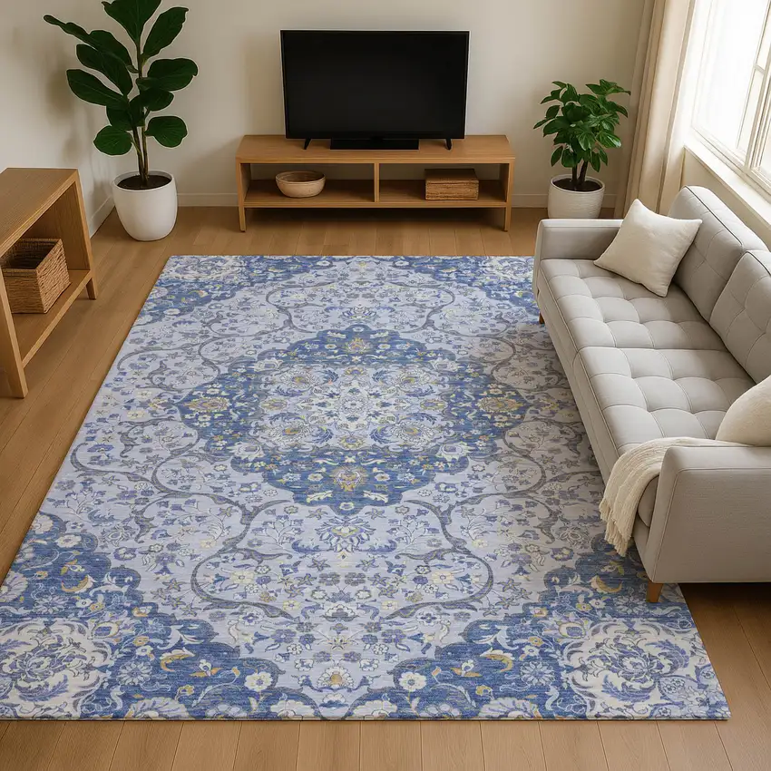 Blue Gray And Silver Medallion Washable Area Rug With UV Protection Photo 4