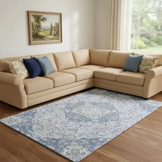 Blue Gray And Silver Medallion Washable Area Rug With UV Protection Photo 2