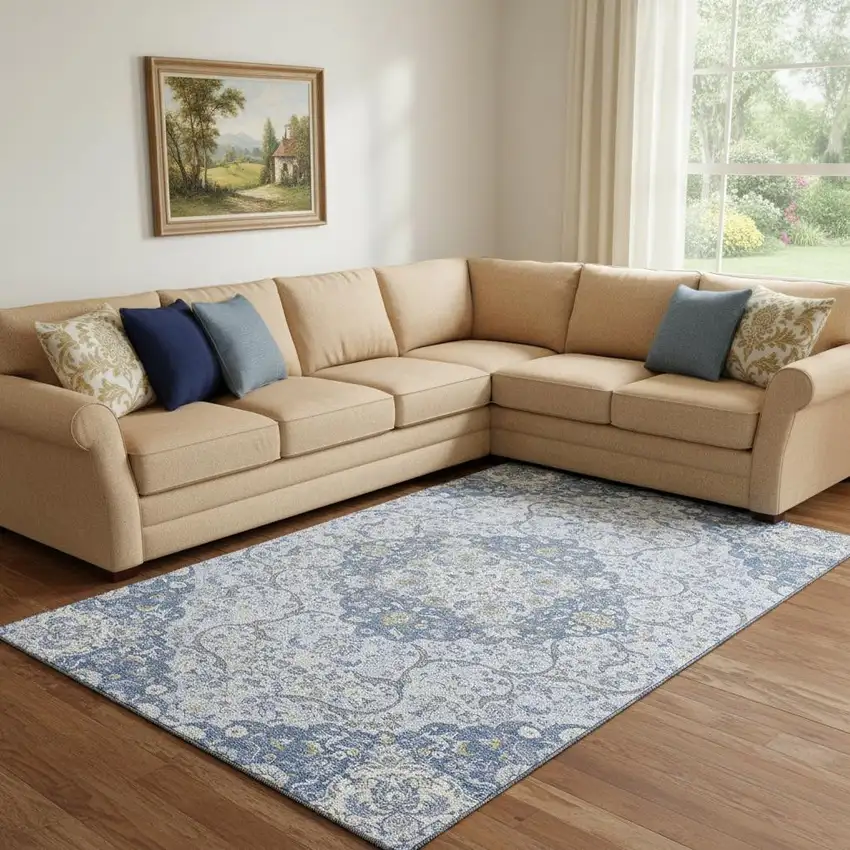 Blue Gray And Silver Medallion Washable Area Rug With UV Protection Photo 2