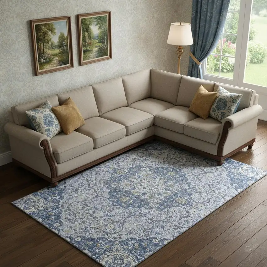 Blue Gray And Silver Medallion Washable Area Rug With UV Protection Photo 2