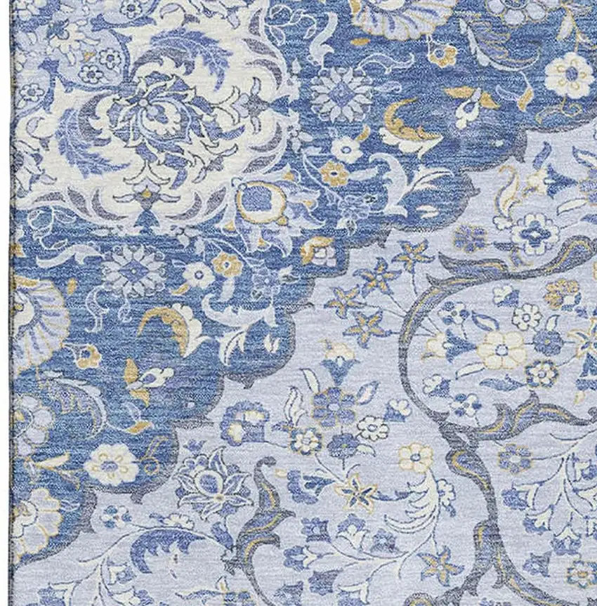 Blue Gray And Silver Medallion Washable Area Rug With UV Protection Photo 2