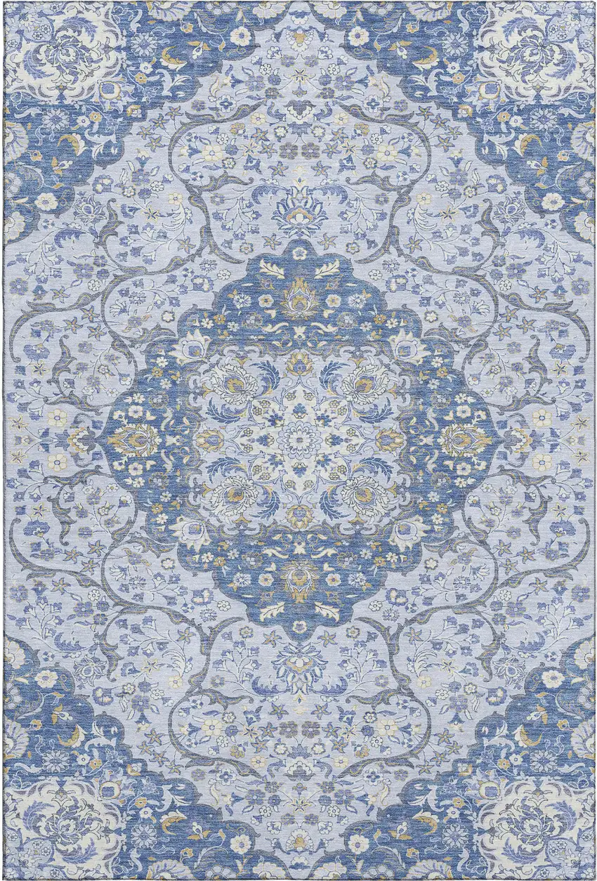 Blue Gray And Silver Medallion Washable Area Rug With UV Protection Photo 1