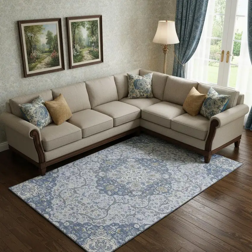 Blue Gray And Silver Medallion Washable Area Rug With UV Protection Photo 1