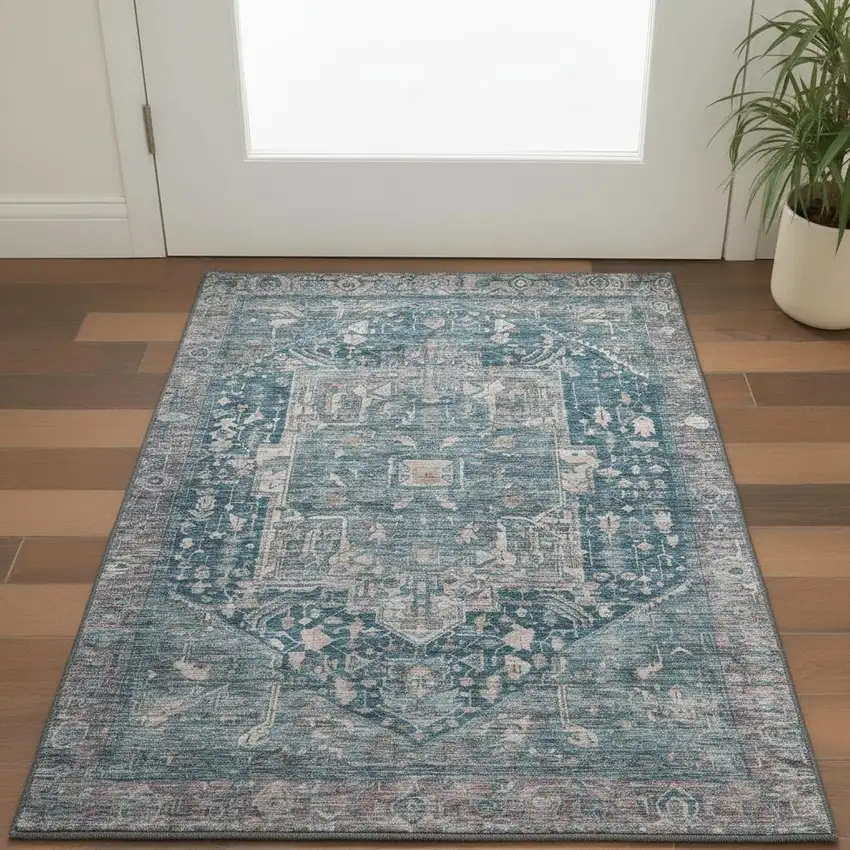 Blue Gray And Silver Oriental Washable Area Rug With UV Protection Photo 2