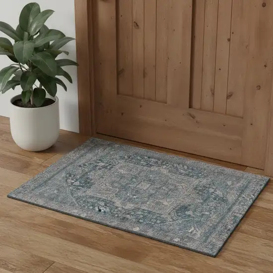 Blue Gray And Silver Oriental Washable Area Rug With UV Protection Photo 1