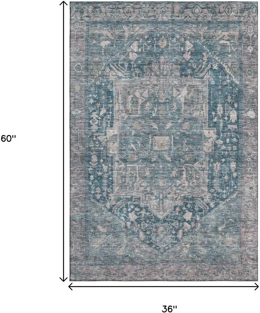 Blue Gray And Silver Oriental Washable Area Rug With UV Protection Photo 3