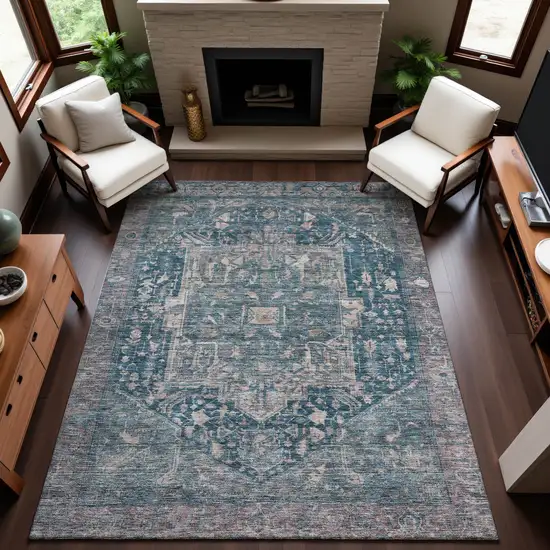 Blue Gray And Silver Oriental Washable Area Rug With UV Protection Photo 5