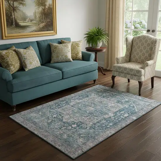 Blue Gray And Silver Oriental Washable Area Rug With UV Protection Photo 2