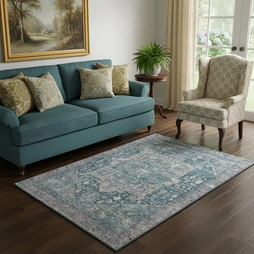 Blue Gray And Silver Oriental Washable Area Rug With UV Protection Photo 2