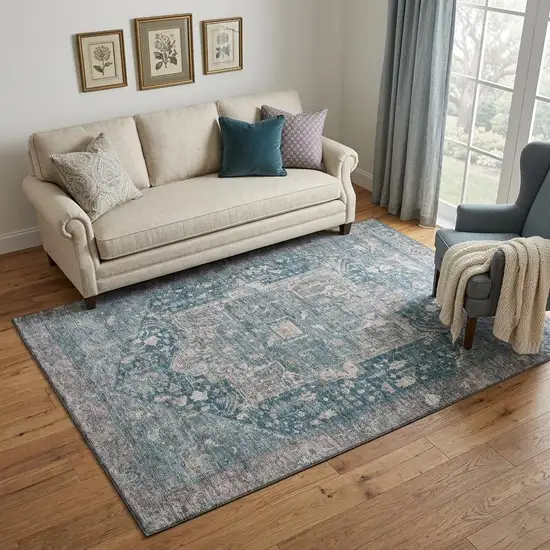 Blue Gray And Silver Oriental Washable Area Rug With UV Protection Photo 1