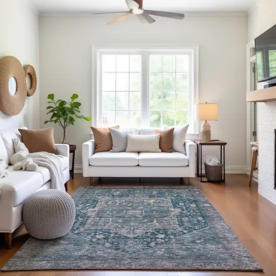 Blue Gray And Silver Oriental Washable Area Rug With UV Protection Photo 5