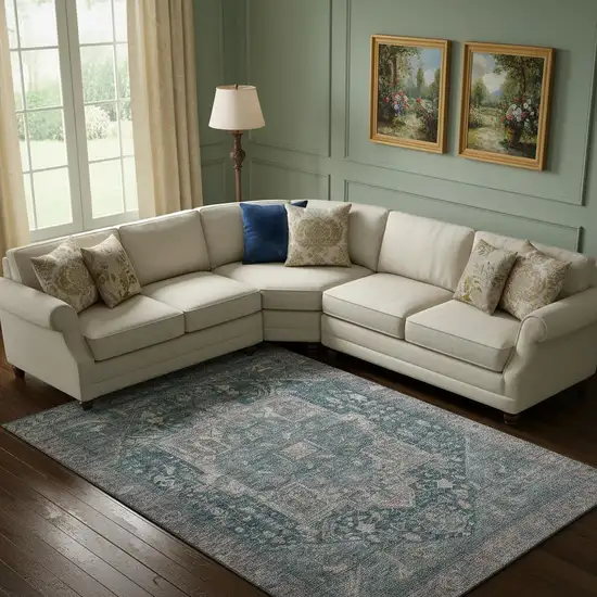 Blue Gray And Silver Oriental Washable Area Rug With UV Protection Photo 2