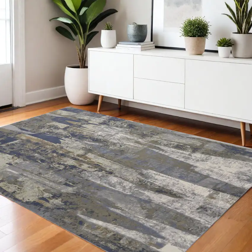 Blue Gray And Tan Abstract Distressed Area Rug Photo 1