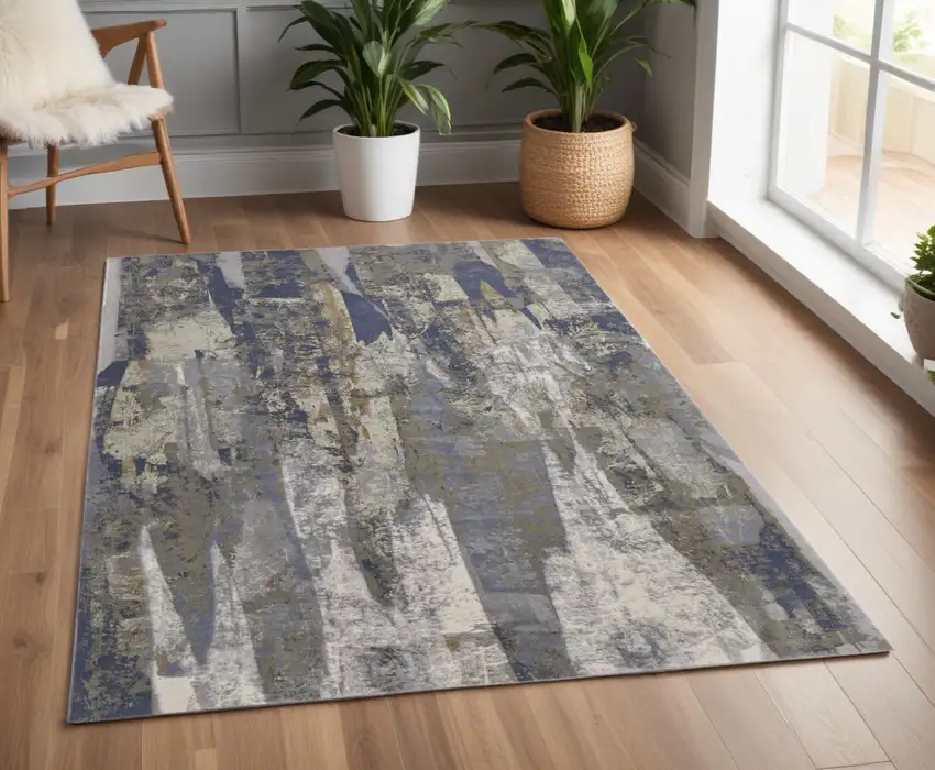 Blue and Gray Abstract Power Loom Distressed Area Rug Photo 1