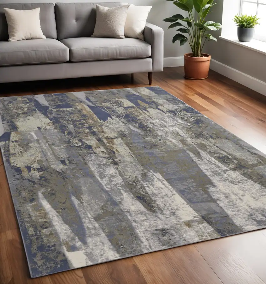 Blue and Gray Abstract Power Loom Distressed Area Rug Photo 1