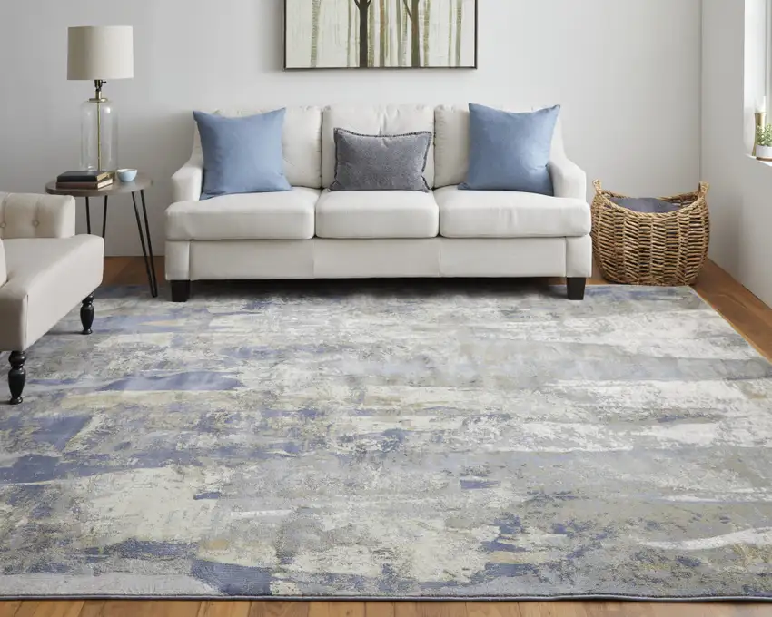 Blue Gray And Tan Abstract Power Loom Distressed Area Rug Photo 7