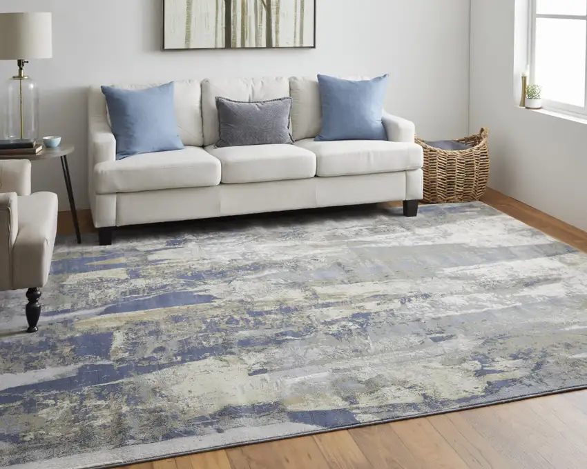 Blue Gray And Tan Abstract Power Loom Distressed Area Rug Photo 6