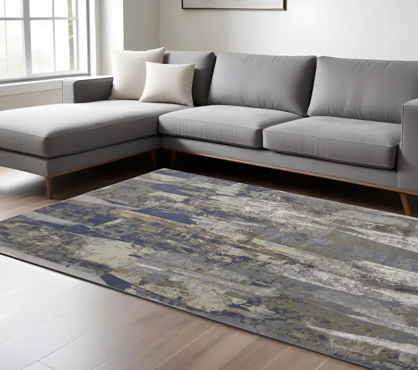 Blue and Gray Abstract Power Loom Distressed Area Rug Photo 1