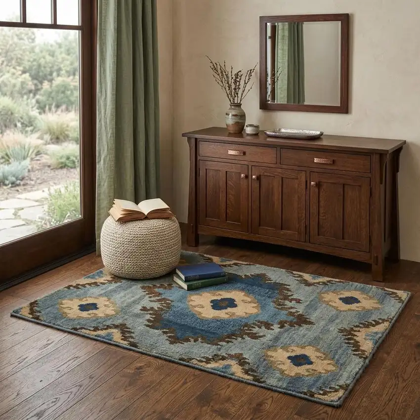 Blue Gray And Tan Wool Ikat Hand Knotted Area Rug Photo 1