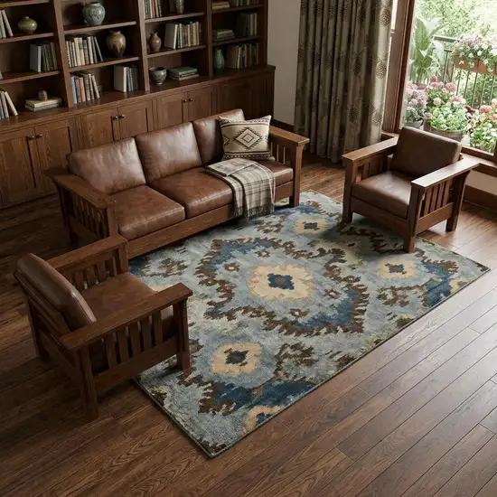 Blue Gray And Tan Wool Ikat Hand Knotted Area Rug Photo 1