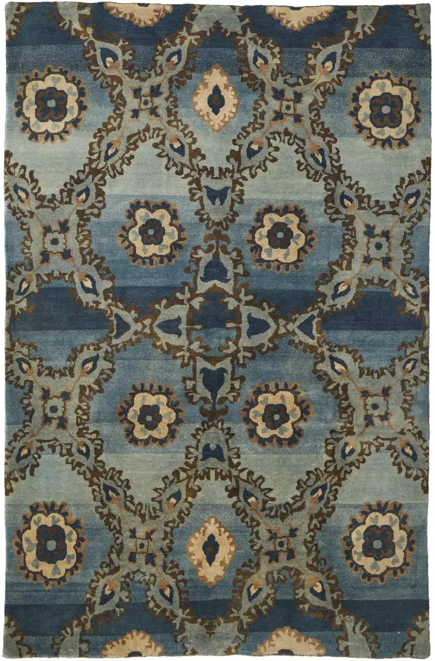 Blue Gray And Tan Wool Ikat Hand Knotted Area Rug Photo 3