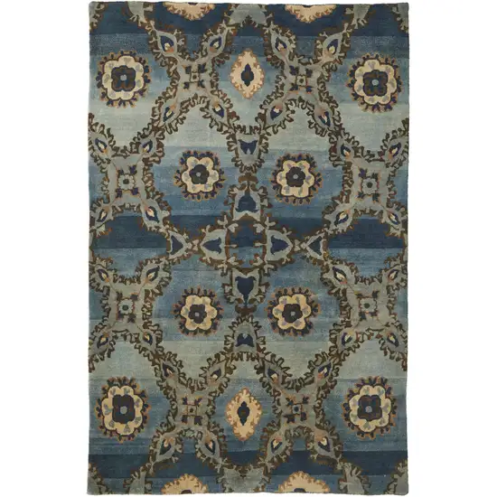 Blue Gray And Tan Wool Ikat Hand Knotted Area Rug Photo 3