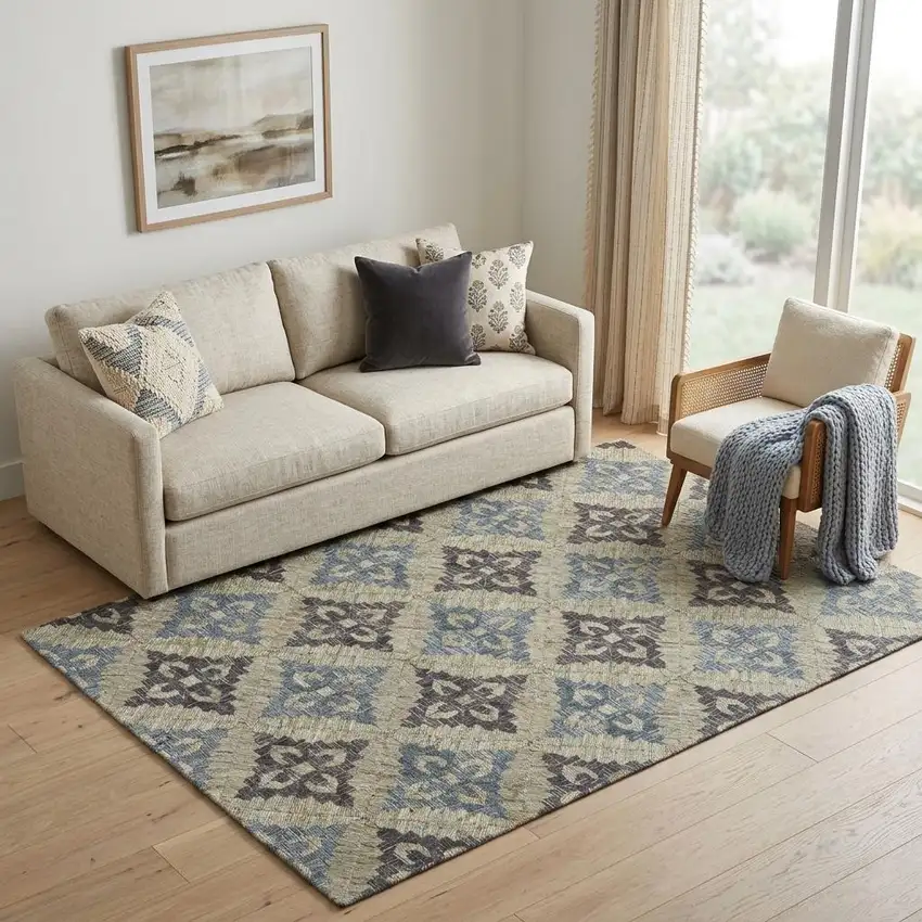 Blue Gray And Taupe Jute Geometric Hand Woven Area Rug Photo 1