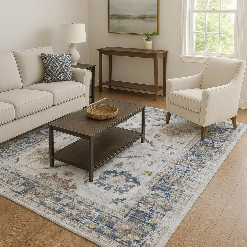 Blue Gray And Taupe Oriental Washable Area Rug With UV Protection Photo 6