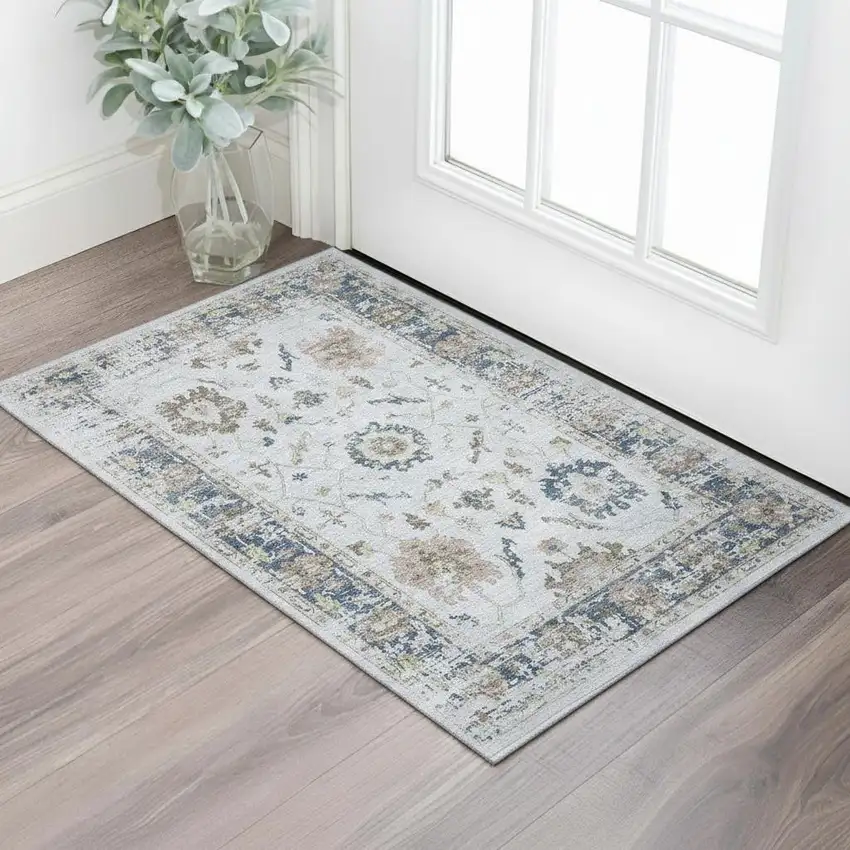 Blue Gray And Taupe Oriental Washable Area Rug With UV Protection Photo 2