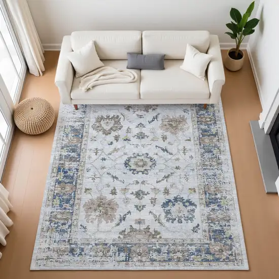 Blue Gray And Taupe Oriental Washable Area Rug With UV Protection Photo 5