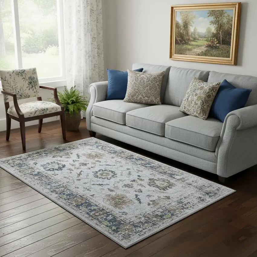 Blue Gray And Taupe Oriental Washable Area Rug With UV Protection Photo 2