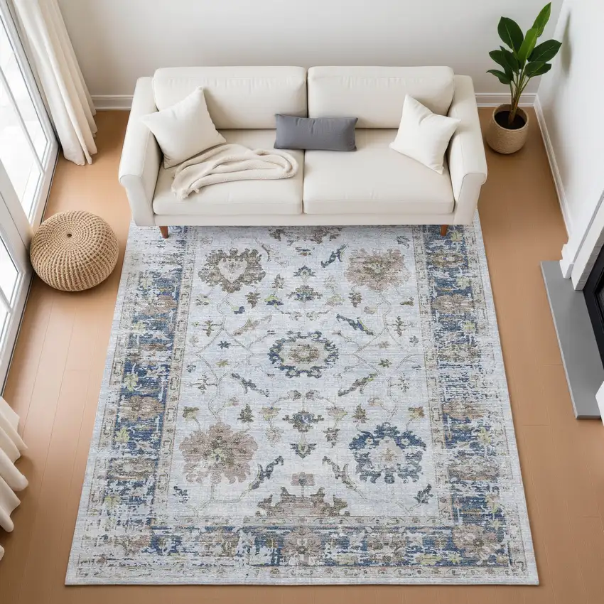 Blue Gray And Taupe Oriental Washable Area Rug With UV Protection Photo 5